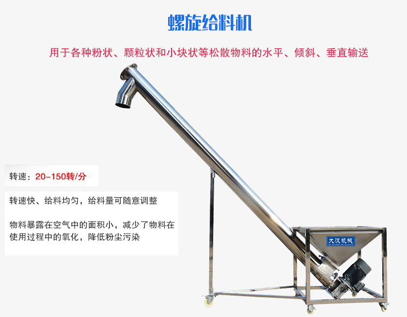 螺（luó）旋送料機用於各種粉狀、顆粒狀和小塊狀等鬆（sōng）散（sàn）物料的水平、傾斜、垂直輸送