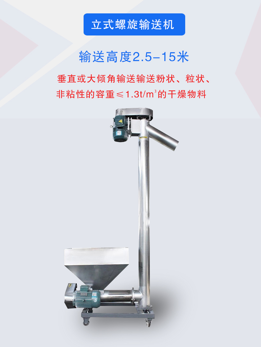 立式螺旋輸（shū）送機垂直或大傾角輸送輸送粉狀（zhuàng）、粒狀、非粘性的（de）容重≤1.3t/m³的（de）幹燥物料
