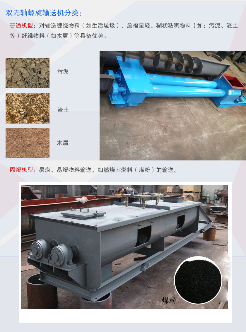 無軸雙螺（luó）旋輸送機主要有普通機型和隔爆機型兩種